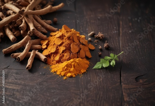 Dried turmeric, coriander, cinnamon on dark wood Warm, earthy tones , recipe, yellow, rustic