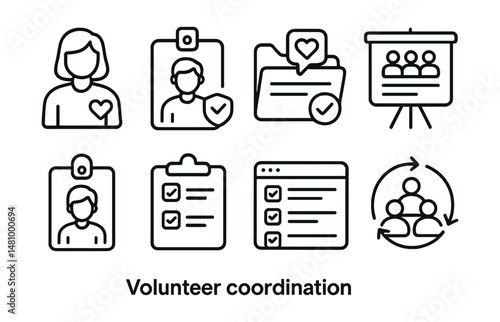 Line style icons of volunteer coordination: volunteer manager icon, team lead badge, support role file, weekly huddle board, contact list tag, supply check form, task tracking screen, rotation