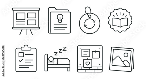 Line style icons of reflection and closure: end-of-project board, what I learned file, feedback circle tag, story of the day badge, next time plan icon, rest after service symbol, thank-you wall
