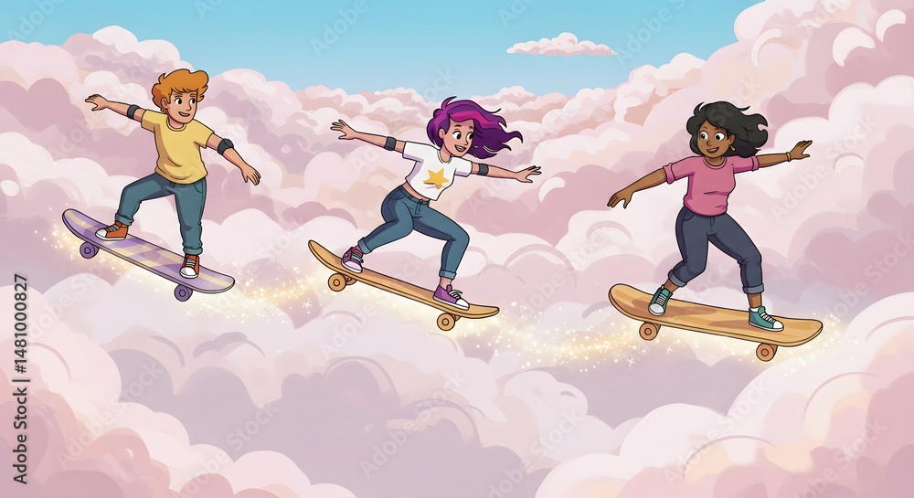 Naklejka premium Enchanting Skateboarders Soaring Through Pixel Art Skies: A Dreamlike Adventure in the Clouds