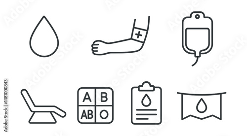 Line style icons of blood donation: blood drop icon, donor arm badge, blood bag tag, donation bed symbol, blood type chart, donation appointment file, refreshment station icon, blood drive banner.