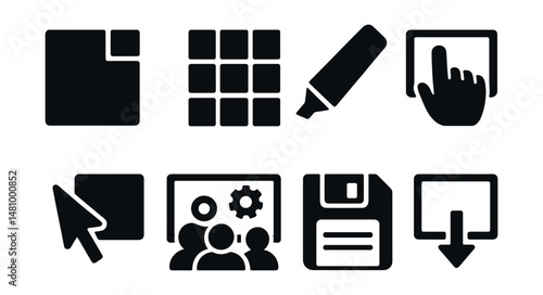Solid style icons of collaborative whiteboards: sticky icon, canvas grid, marker tool, drawing hand, arrow pointer, team sketch, save board, export map.