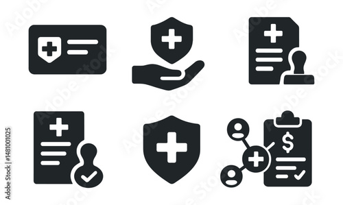 Solid style icons of health insurance: policy card, coverage icon, claim form, approved stamp, medical invoice, insurance shield, provider network, payment plan.