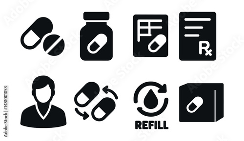 Solid style icons of pharmacy and medication: pill icon, medicine bottle, dosage chart, prescription label, pharmacist, drug interaction, refill icon, medicine box.