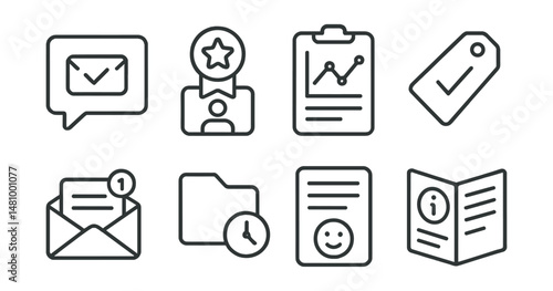Line style icons of donor follow-up: thank-you message icon, donor badge awarded, follow-up test chart, eligibility tracker tag, reminder to return card, donation interval file, feedback form icon,