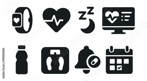 Solid style icons of health apps and wearables: fitness band, heart monitor, sleep app, health dashboard, hydration reminder, smart scale, medication alert, daily check-in.