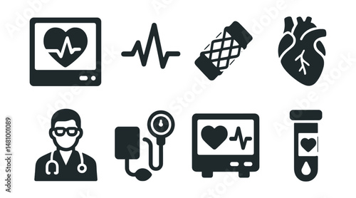 Solid style icons of cardiology: heart scan, ECG line, stent icon, heart valve, cardiologist, blood pressure icon, heart rate monitor, cholesterol test.