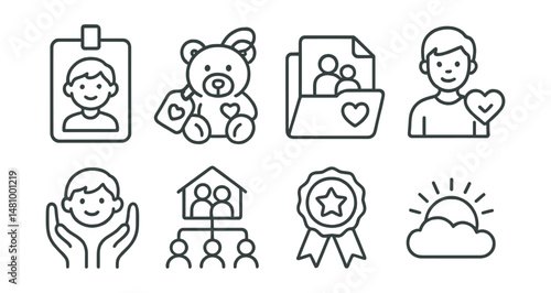 Line style icons of pediatric donation programs: child life gift badge, teddy bear tag, parental consent file, youth recovery board, care for kids icon, hospital family unit chart, pediatric donor