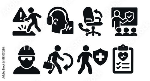 Solid style icons of occupational health: workplace hazard, hearing test, ergonomic chair, safety training, PPE icon, return to work, injury prevention, health audit.