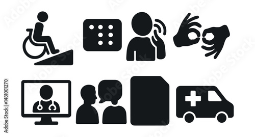 Solid style icons of healthcare accessibility: wheelchair ramp, braille signage, assistive icon, sign language, telehealth access, interpreter, easy-read form, mobile van.