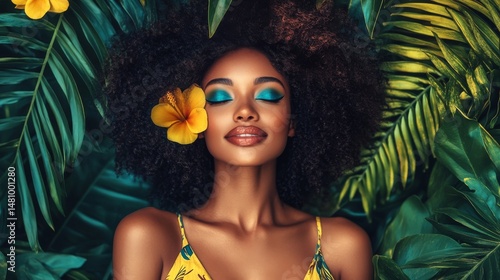 Against a white background, the woman's face is embellished with bright and colorful floral designs and paint splatters