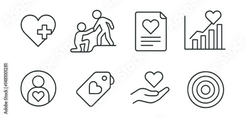 Line style icons of donor motivation: save a life heart, help someone symbol, act of kindness file, community impact chart, personal story of giving badge, be someone’s reason tag, donate with love