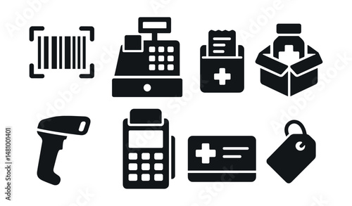 Solid style icons of pharmacy POS system: barcode reader, cash register, receipt printer, inventory icon, scan gun, payment terminal, loyalty card, price tag.