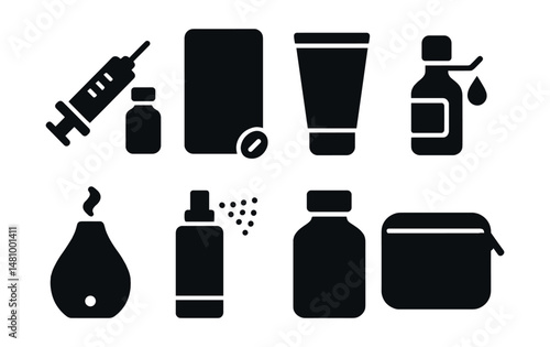 Solid style icons of seasonal pharmacy items: flu vaccine, allergy meds, sunscreen, cold relief, humidifier, insect repellent, immunity booster, travel kit.