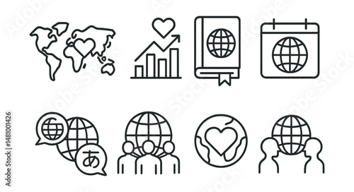 Line style icons of global donation efforts: world donor map, cross-border donation chart, international guidelines file, global awareness week icon, multilingual campaign badge, donor team overseas,