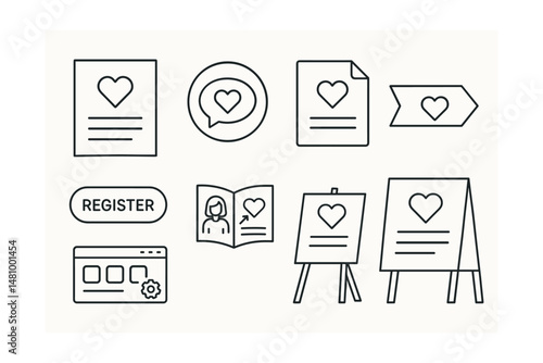 Line style icons of donation campaigns and graphics: poster template icon, share your story badge, digital flyer file, campaign banner tag, social button to register, illustrated how-to guide,