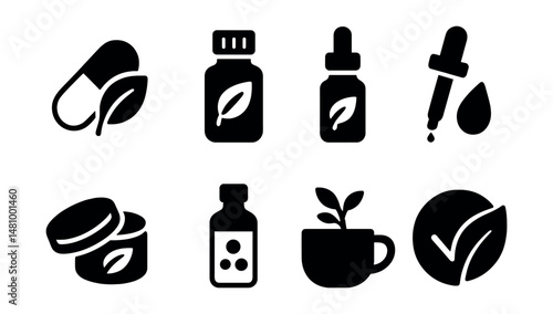 Solid style icons of herbal and natural pharmacy: herbal capsule, essential oil, plant extract, tincture dropper, natural balm, homeopathy bottle, tea blend, organic icon.