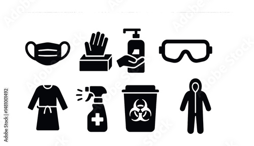Solid style icons of protective pharmacy items: face mask, gloves box, sanitizing station, safety glasses, gown icon, disinfectant spray, biohazard bin, PPE kit.