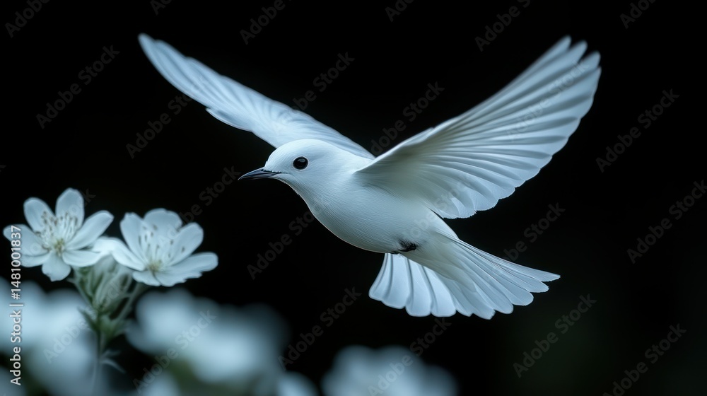 Obraz premium White bird in flight near white blossoms