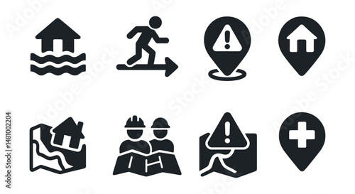 Solid style icons of disaster response mapping: flood zone, evacuation route, danger pin, safe shelter, damage map, rescue team icon, alert zone, first aid area.