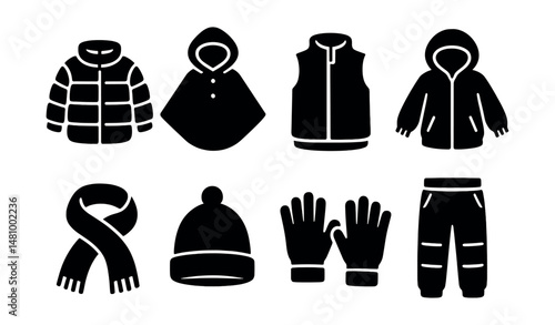 Solid style icons of kids outerwear: puffer jacket, rain poncho, fleece vest, windbreaker, scarf, beanie, gloves, insulated pants.