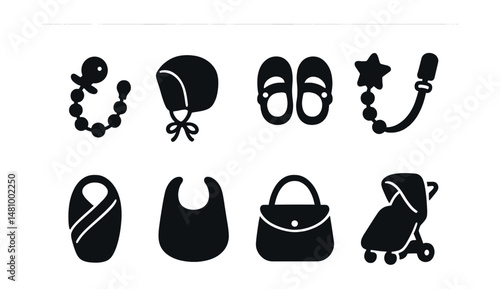 Solid style icons of baby accessories: pacifier clip, bonnet, baby shoes, teether strap, swaddle blanket, soft bib, diaper bag, stroller cover.