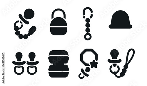 Solid style icons of pacifier accessories: pacifier clip, paci case, silicone chain, cover cap, double holder, sterilizer box, teether combo, pacifier leash.