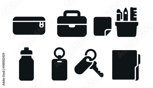 Solid style icons of school accessories: pencil pouch, lunchbox, name label, desk organizer, water bottle, ID tag, locker keychain, homework folder.