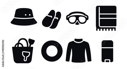 Solid style icons of beach accessories: bucket hat, water shoes, swim goggles, beach towel, sand toy bag, float ring, rash guard, sunscreen stick.