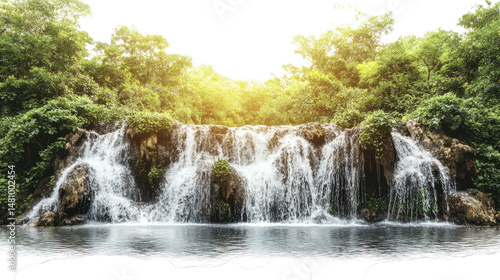 A Cascading Waterfall In A Lush Green Forest The Water Flows Over Rocks And Creates A Beautiful Natural Scene