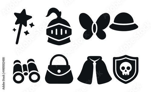 Solid style icons of dress-up and pretend play accessories: magic wand, knight helmet, fairy wings, explorer hat, toy binoculars, play purse, mini cape, costume patch.