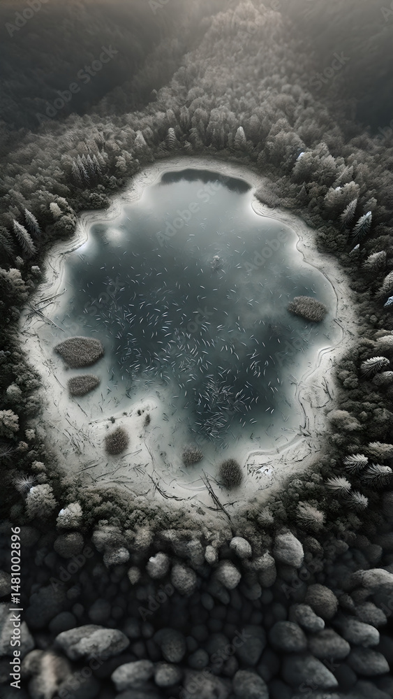 Polluted pond with dark water and lifeless fish
Polluted pond with dark water and lifeless fish