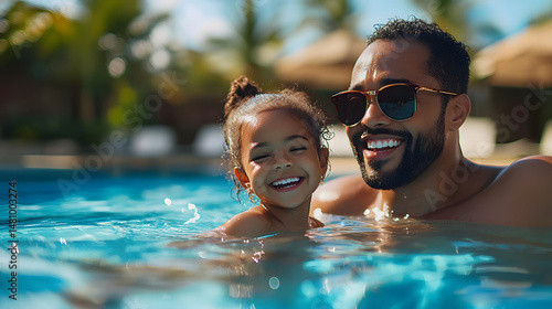 Happy black father and daughter swimming pool on summer vacation sunglasses relaxing at a hotel by the sea