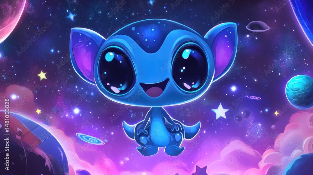 Fototapeta premium Cheerful alien in vibrant cosmic space cartoon illustration
