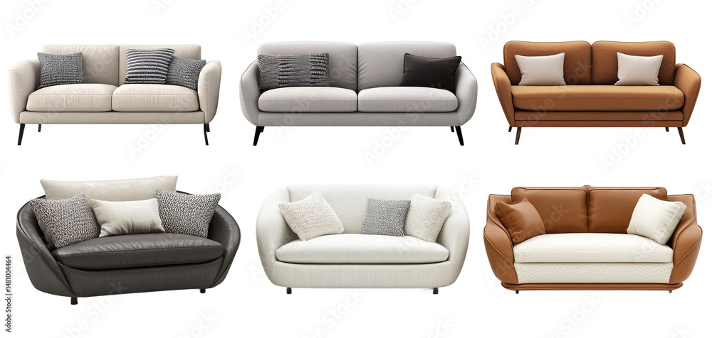 Fototapeta premium Set of different modern sofas in neutral colors. Each element is separately isolated