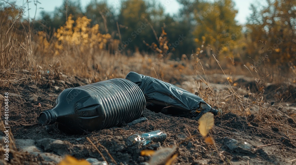 Obraz premium Discarded plastic bottles and trash in natural environment