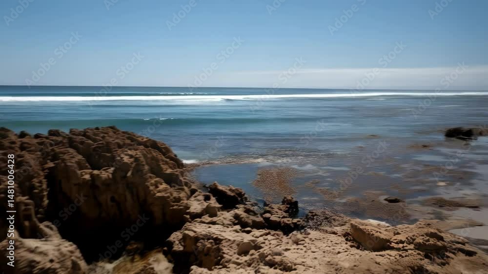 Coastal homes line a sandy beach with exposed rocks and calm ocean waves on a sunny day with a clear blue sky, tranquil vacation spot Coastal homes line a sandy beach with exposed rocks and calm ocean waves on a sunny day with a clear blue sky, tranquil vacation spot