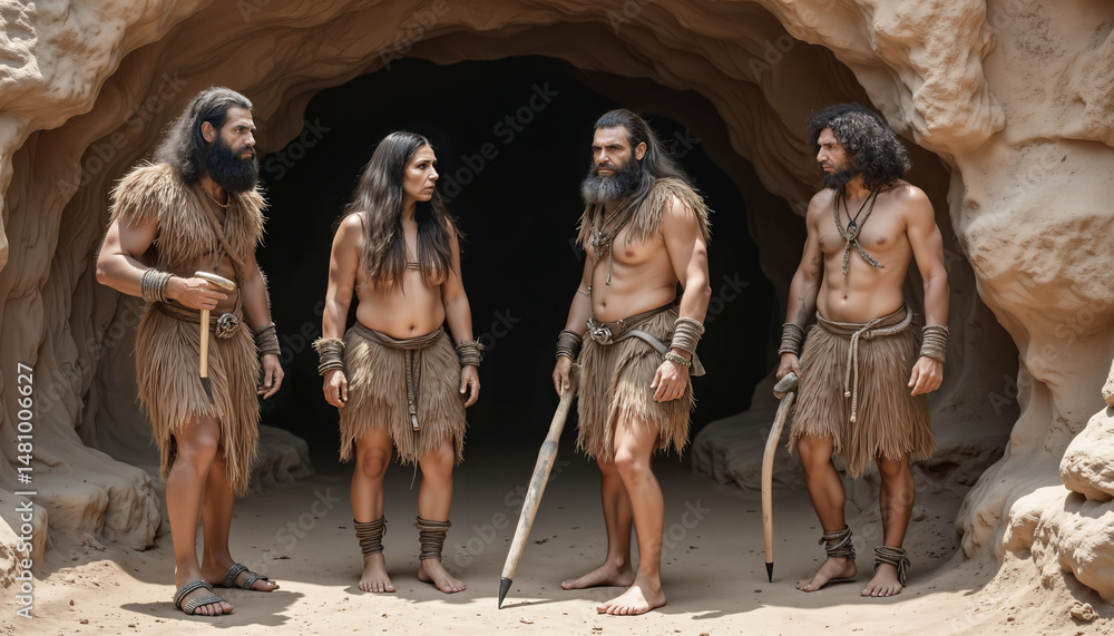 Naklejka premium Group of prehistoric men and a woman dressed in skins, with spears and sticks, at the mouth of a cave. Ancestral life, survival