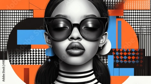 A woman's profile is presented in conjunction with abstract geometric patterns and vibrant colors set against a white background