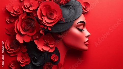 The profile of a woman is illustrated with her eyes shut, red lipstick, and stylized black locks featuring decorative red flowers against a coral-colored backdrop