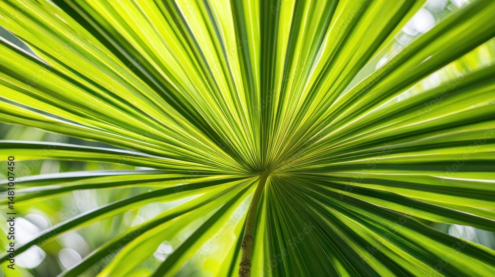 Obraz premium Vibrant green palm leaf close up radiating lines tropical texture