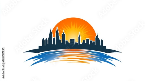 Wallpaper Mural A stylized illustration of a cityscape depicts buildings in red and blue hues, with a white background and a yellow sun Torontodigital.ca