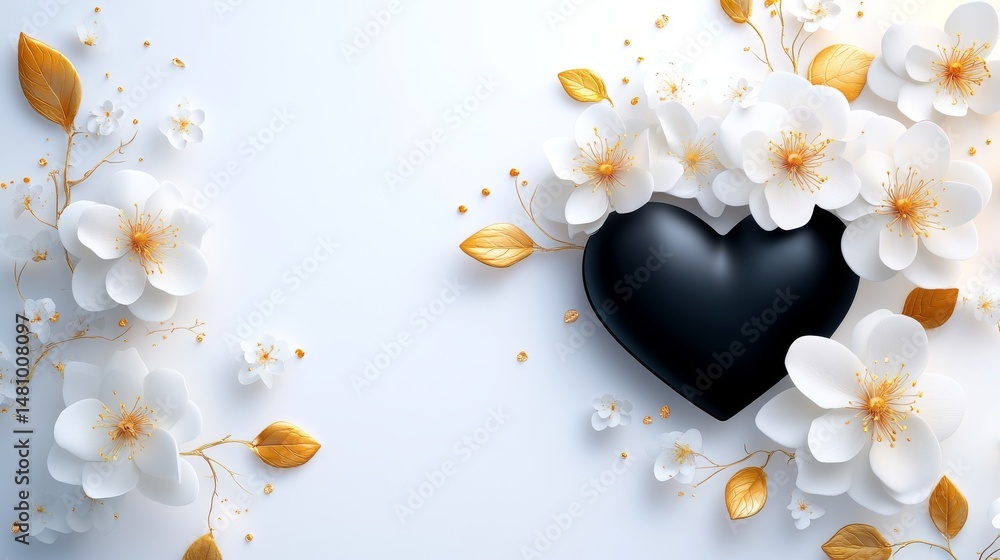 Obraz premium Surrounded by leaves and scattered gold glitter on a white background is an elegant black heart with golden trim
