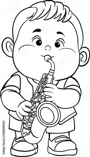  little boy playing saxophone line vector illustration isolated on white background