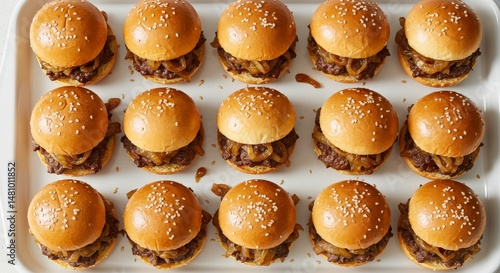 Overhead View of Mini Beef Sliders with Caramelized Onions and Sesame Seeds on a White Rectangular Plate