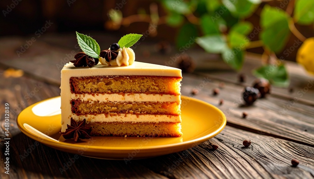piece of cake on a yellow plate