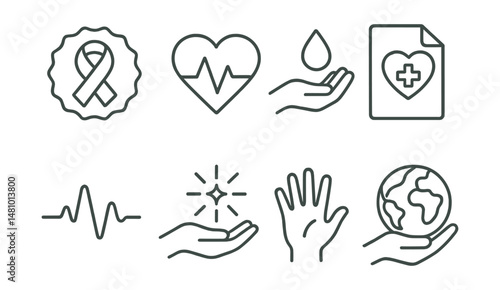Line style icons of awareness symbols and visuals: red ribbon for blood badge, heart pulse tag, hand with drop icon, healing heart file, life flow line, give symbol with spark, legacy handprint,