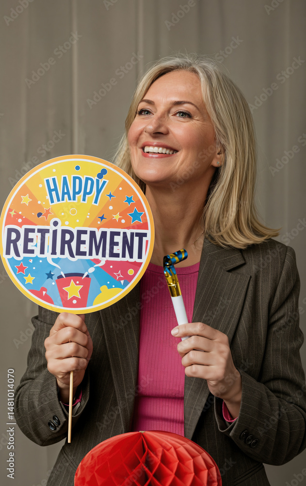 Fototapeta premium Smiling mature woman celebrates retirement with a 'Happy Retirement' sign and a trumpet. Joy for the new chapter of life