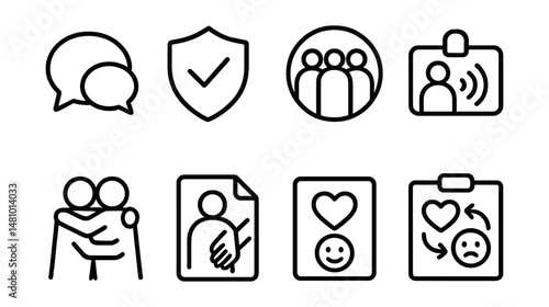 Line style icons of peer support and friendship: talk to a friend bubble, safe chat icon, trusted circle badge, peer listener role tag, friend hug symbol, “you’re not alone” file, kindness note card,