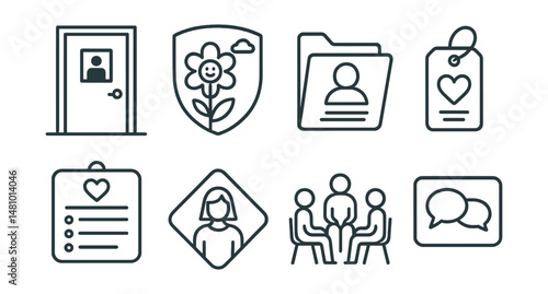 Line style icons of school-based mental health: counselor door symbol, calm corner badge, student support file, break pass icon, well-being board in class, trusted adult tag, school peer support
